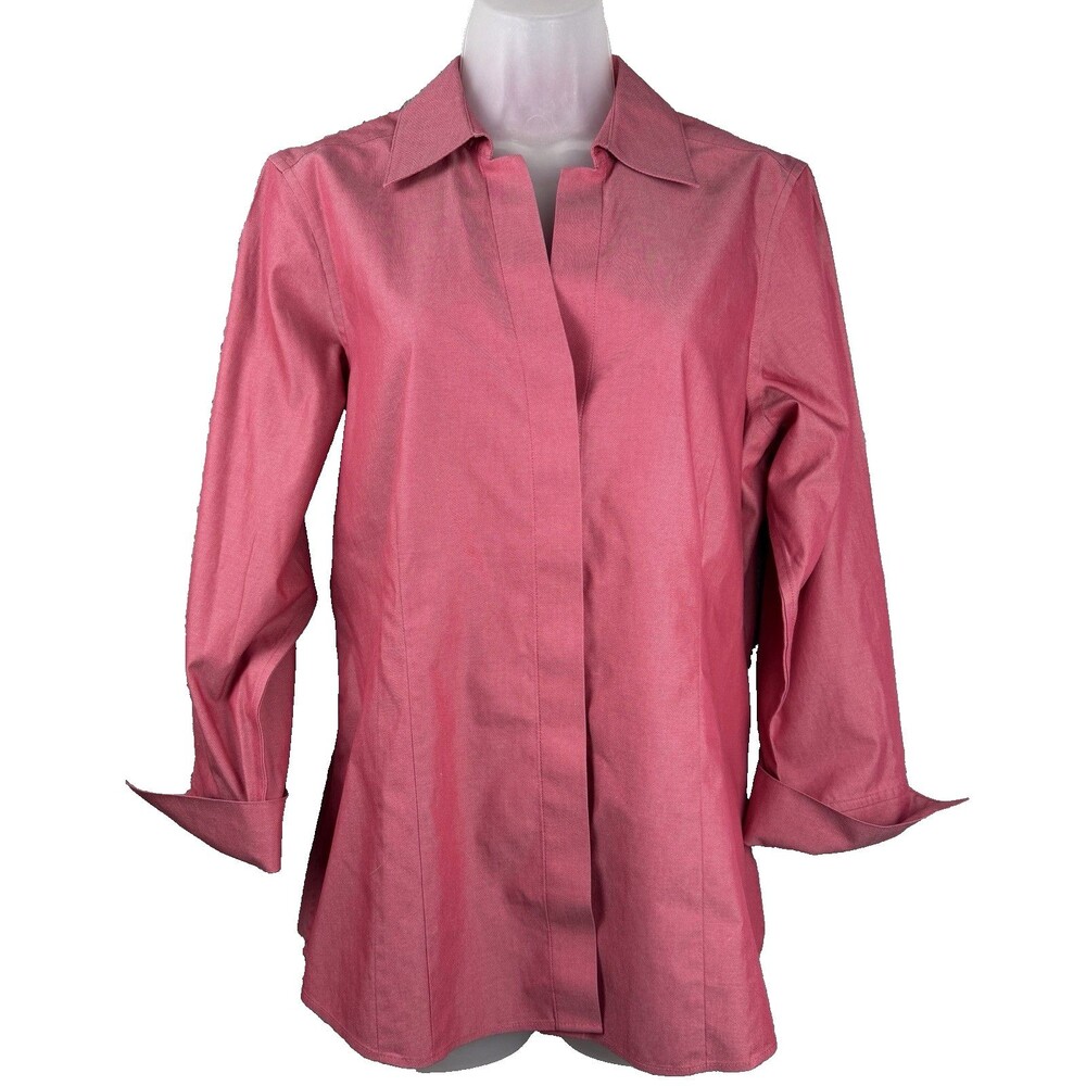 Foxcroft NYC Heritage 3/4 Sleeve Covered Button Fitted Blouse 12 Non-Iron Cotton